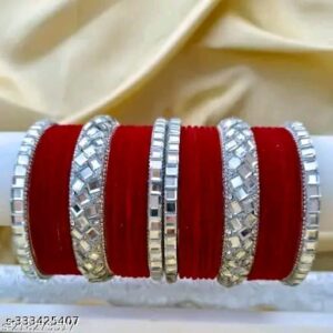 Gorgeous velvet bangle set with silver mirror work-Red