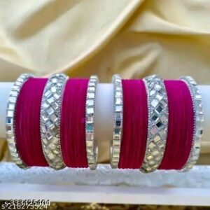 Gorgeous velvet bangle set with silver mirror work-Pink