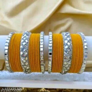 Gorgeous velvet bangle set with silver mirror work-Yellow