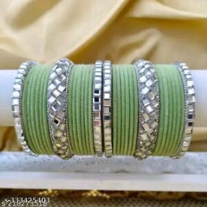 Gorgeous velvet bangle set with silver mirror work-Light green