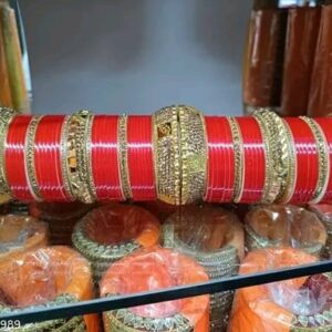 Royal Red Bridal Bangle Set with Golden Kadas | Chudi