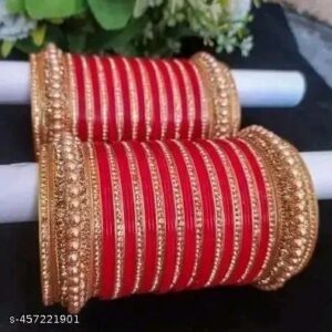 Traditional Red & Gold Bridal Chura with Glitter Kadas| Chudi