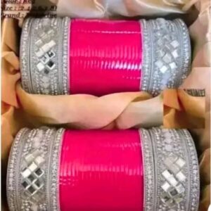 Glossy Pink Bridal Chura with Mirror Work Kadas | Chudi