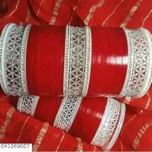 Glossy Red Bridal Chura with Mirror Work Kadas | Chudi