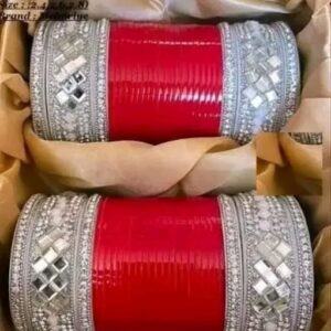 Glossy Red Bridal Chura with Mirror Work Kadas | Chudi