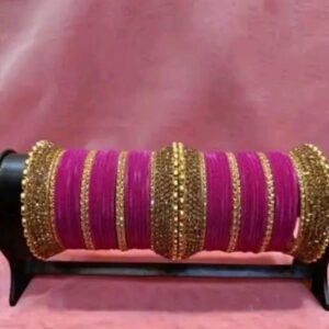 Glossy Pink Bridal Chura with Mirror Work Kadas | Chudi