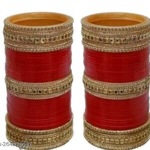 Glossy Red Bridal Chura with Mirror Work Kadas | Chudi