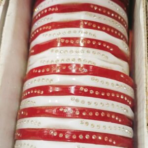 Red and White Stone-Studded Acrylic Bangles 4 Pcs
