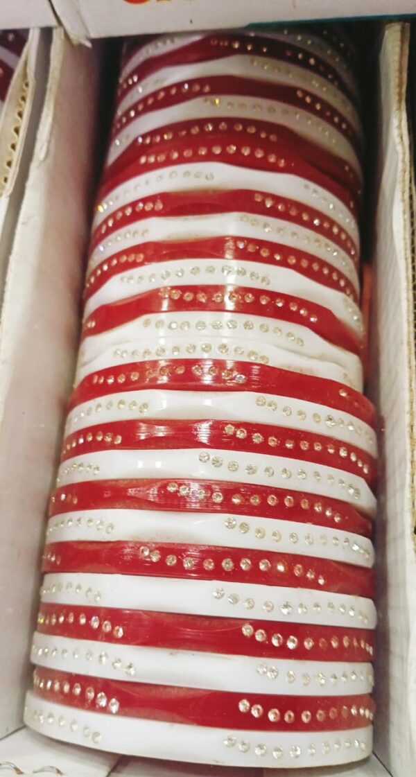 Red and White Stone-Studded Acrylic Bangles 4 Pcs