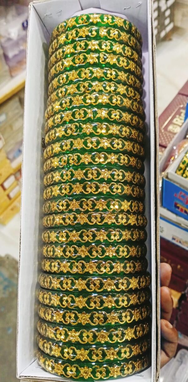Floral Carved Green Bangles with Golden Motif Work 4 Pcs