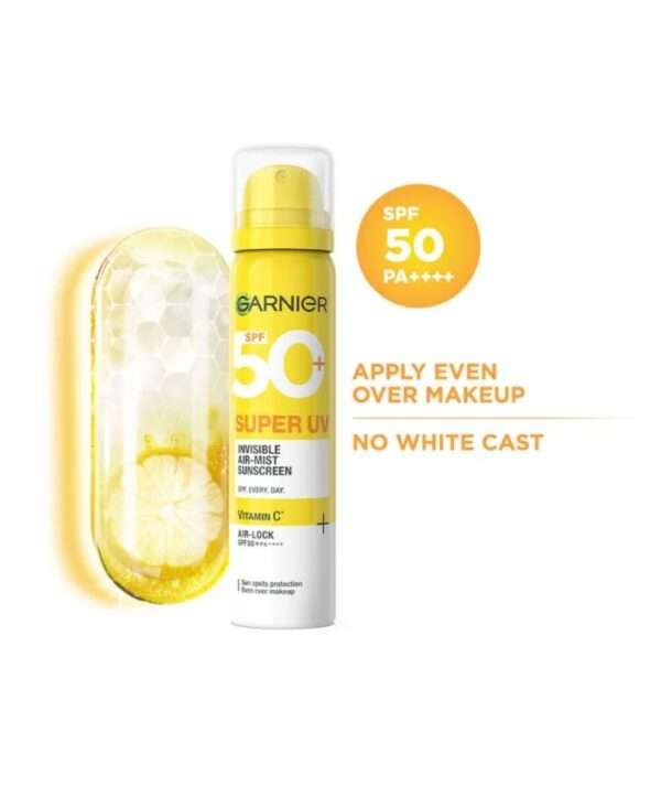Garnier Super UV Invisible Air Mist Spray Sunscreen SPF50 PA++++ For UVA/B, Over Makeup spray, No White Cast, 75ml