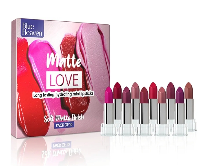 Blue Heaven Matte Love Mini Lipsticks pack of 10 | Long Lasting, Hydrating & Moisturizing Mini Roll on Lipsticks for Women I Soft-Matte Finish 1 13g