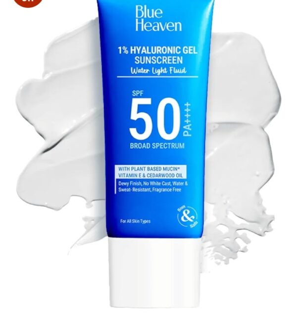 Blue Heaven 1% Hyaluronic Gel Sunscreen SPF50 pA++++ I Sun Protection + Hydration formula With Vitamin E, Cedarwood Oil & Plant-Based Mucin I Lightweight Non-Greasy I No White Cast I Fragrance Freel Sunscreen for Men and Women I Suitable For All Skin Types | 50 Gm