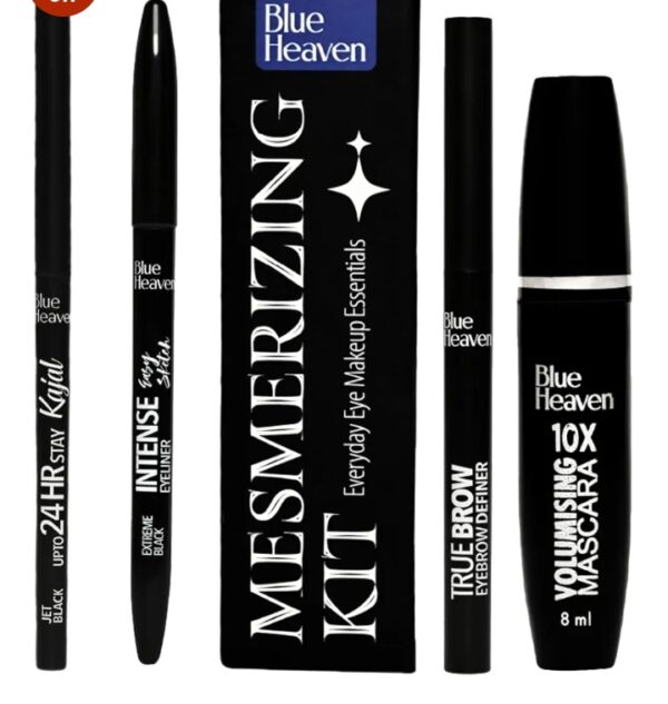 Blue Heaven Mesmerising Eye Kit Combo Pack of 4 | Kajal, Mascara, Eyeliner & Brow Definer ILong lasting, Smudge proof & Waterproof, Matte Finish for naturally fuller look, 0.6gm+9ml