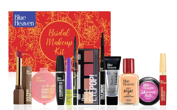 Blue Heaven All-ln-One Bridal Makeup Kit for women I Pack of 11 | Primer, Foundation, Compact Powder, Eyebrow Definer, Eyeliner, Kajal, Mascara, Eyeshadow, Lipstick, Sindoor & Blush | 55. lg + 49.5ml